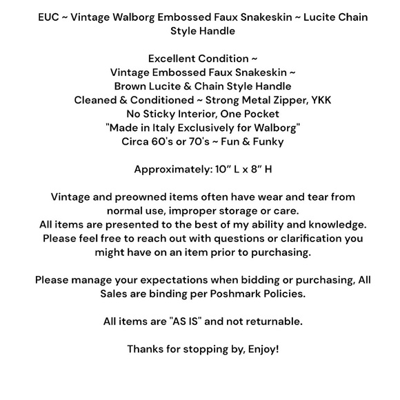 Vintage Walborg Embossed Faux Snakeskin Lucite Chain Style Handle - Picture 9 of 9